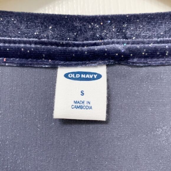 Old Navy Velour Blue Glitter Multicolored Sparkles Dressy Short Sleeve Top Small - Picture 3 of 4